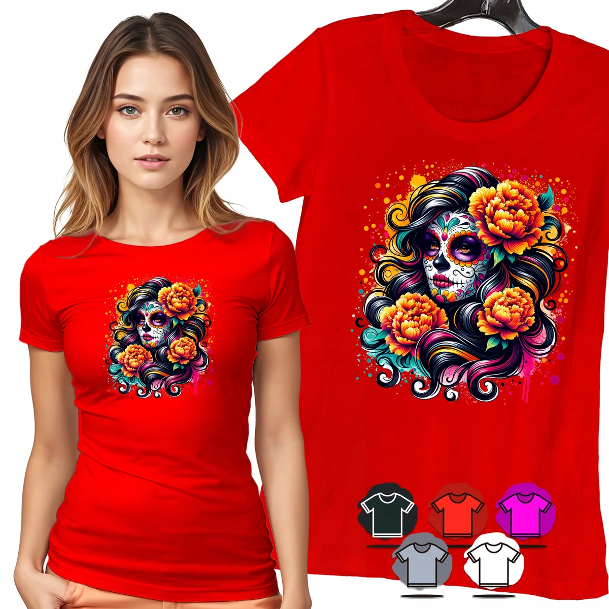 KOSZULKA DAMSKA T-SHIRT - SANTA MUERTE POMARAŃCZOWE KWIATY PORTRET - S