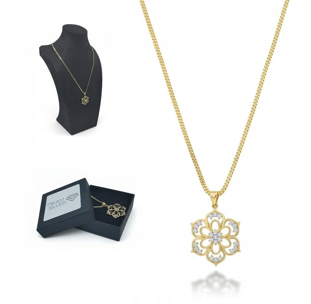 Naszyjnik Miedź Pozłacana Z Wisiorkiem Z Cyrkoniami Kwiat Na Prezent Modny