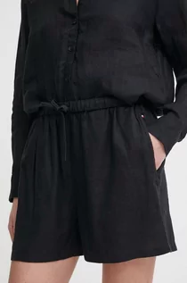 Spodenki damskie - Tommy Hilfiger szorty lniane kolor czarny gładkie high waist WW0WW41376 - grafika 1