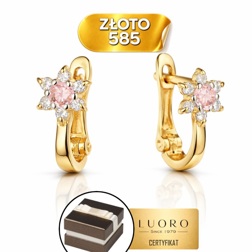 KOLCZYKI ZŁOTE 585 14K KWIATUSZKI Z CYRKONIAMI I RÓŻOWYM ŚRODKIEM 10 MM