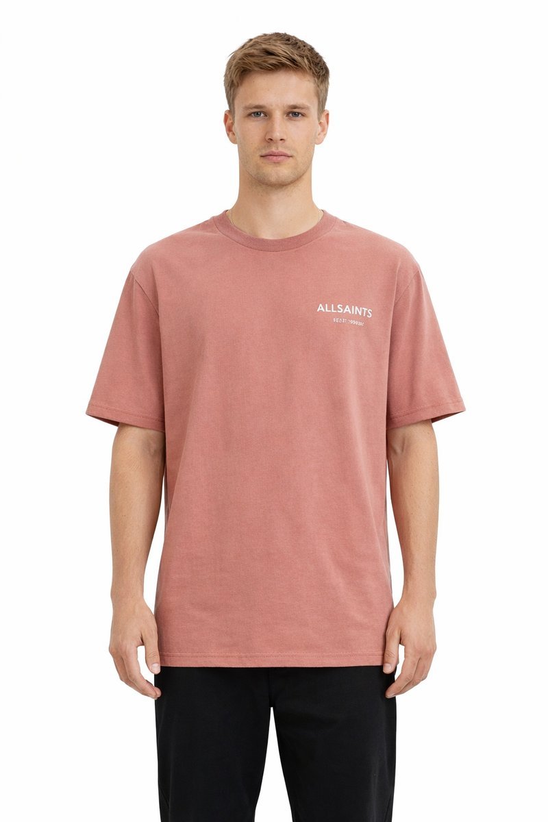 ALLSAINTS RÓŻOWY T-SHIRT MĘSKI Z OKRĄGŁYM DEKOLTEM I NAPISEM XS 1I4A