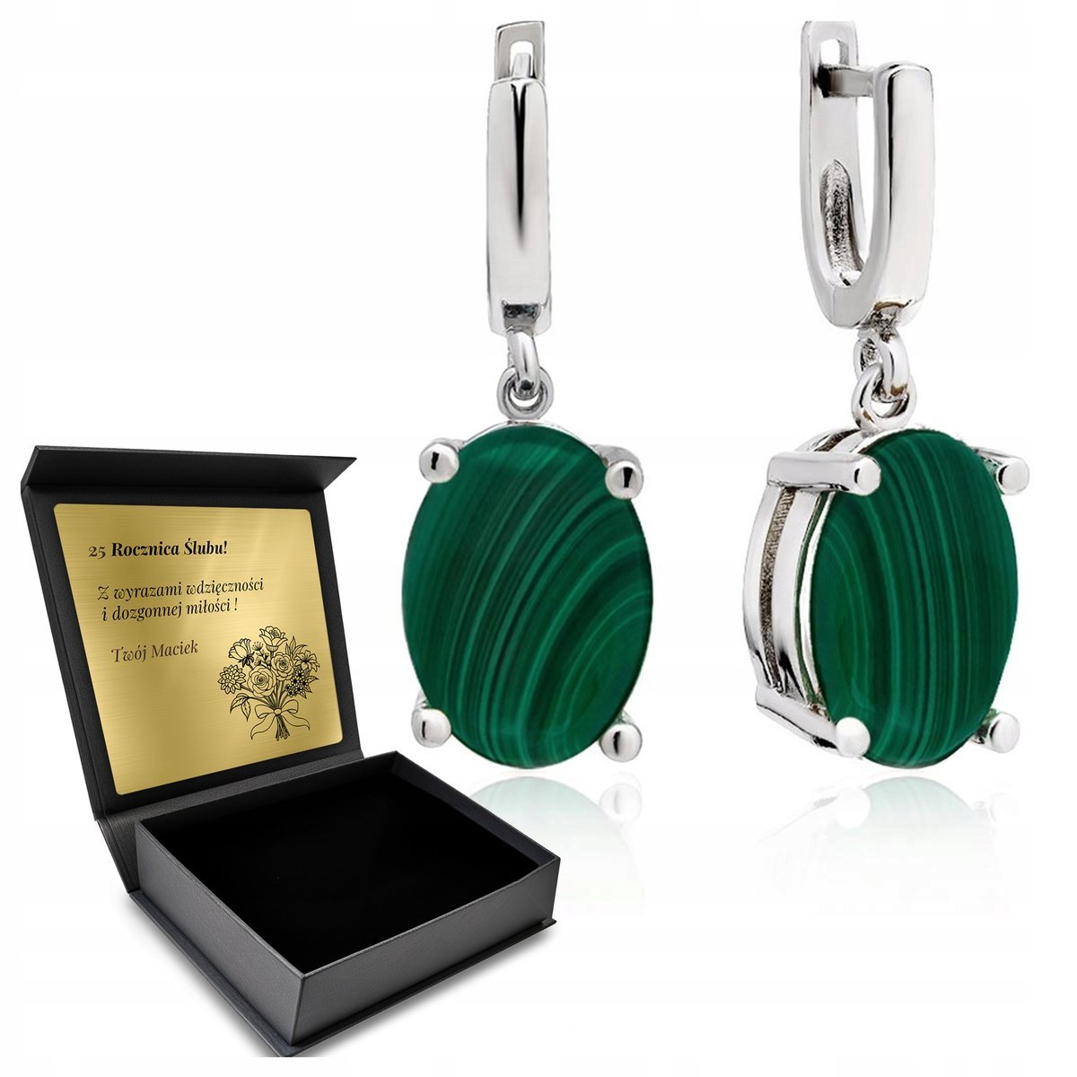 Kolczyki Srebrne 925 Cyrkonie Malachit Biżuteria Dla Kobiety + Grawer