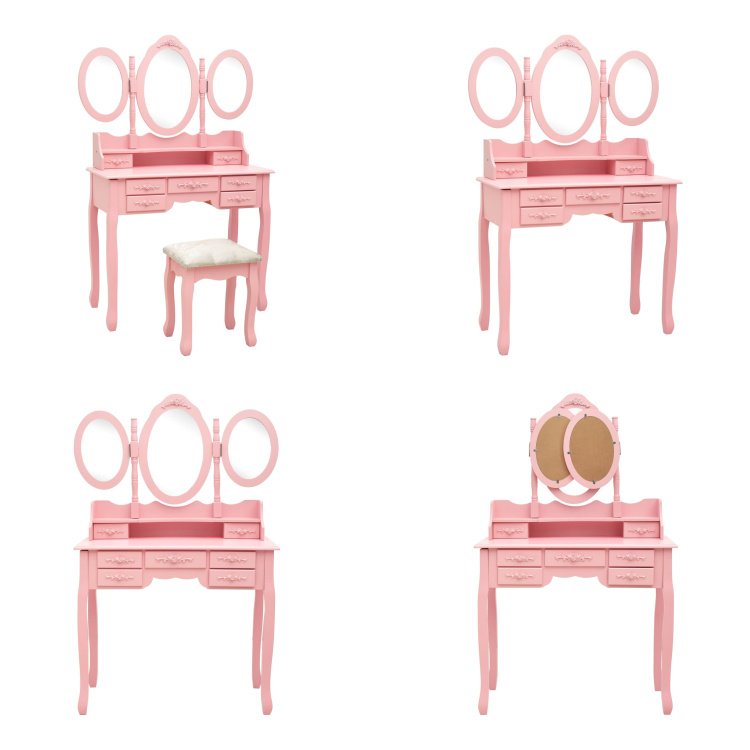 vidaXL Toaletka z taboretem i potrójnym lustrem różowa - Toaletka - Toaletki - Toaletki - Toaletki