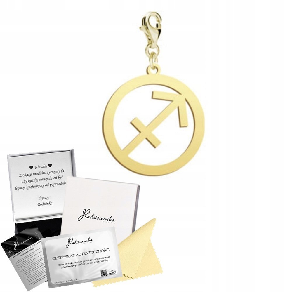Charms Złoty Znak Zodiaku Strzelec Zodiak Srebro 925 DEDYKACJA GRATIS
