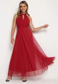 Sukienki - Czerwona Wieczorowa Sukienka ze Stójką Wiązana w Talii Ozdobiona Siateczką Nestasoni - miniaturka - grafika 1