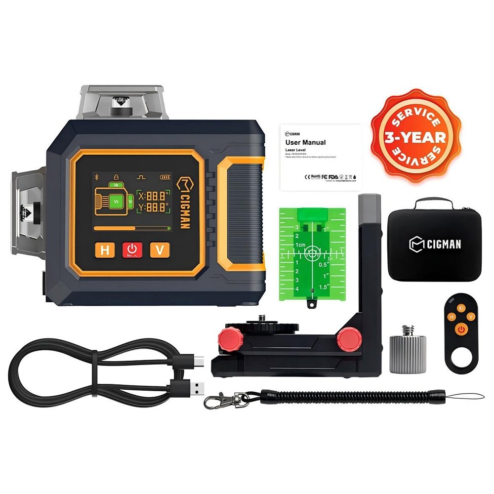 CIGMAN CM-S03 12-Line Laser Level with LCD Display 3×360° Green Beam ±1 5mm/5m High Accuracy Auto-Leveling 2600mAhx2 Bat