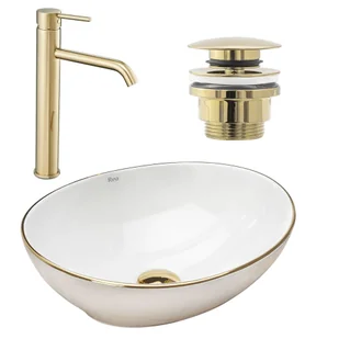 Rea Zestaw Sofia gold edge + bateria wysoka Lungo gold + korek uniwersalny złoty - Umywalki - miniaturka - grafika 1