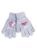 Rękawiczki dla dzieci - Rękawiczki Dziewczęce Pięciopalczaste Z Cekinami Love Szare 16 Cm - miniaturka - grafika 1