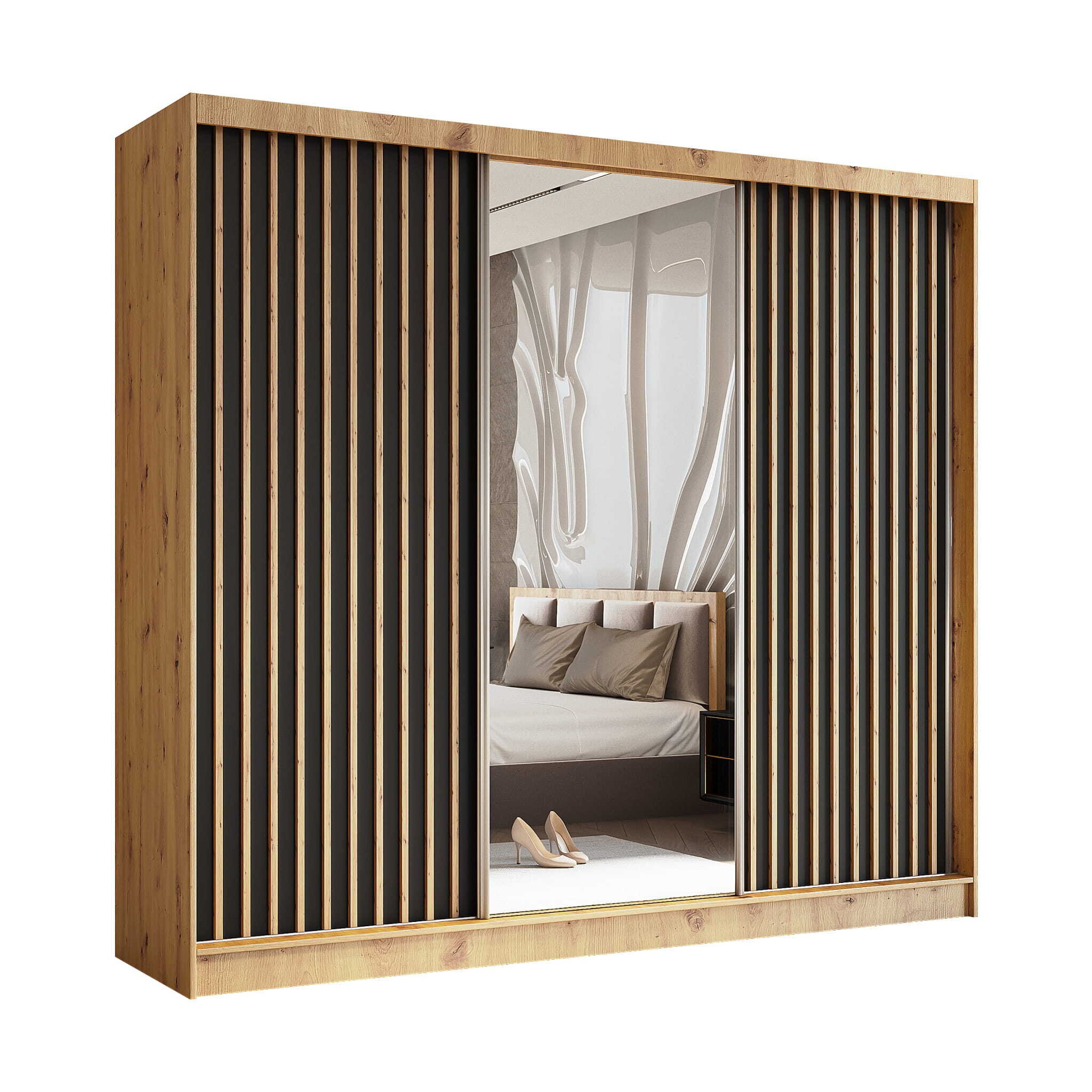 AGMAT Nevada szafa z drzwiami przesuwnymi, Szafa z lustrem i 3 drzwiami, Nowoczesna szafa w kolorze: Artisan, Szafa w rozmiarze: 240 x 216 x 61 cm
