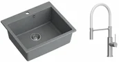 Zlewozmywaki z baterią - Quadron Zlewozmywak granitowy jednokomorowy 57*50*22 cm MORGAN 110 SILVER STONE ze stalowym odpływem z baterią GEMMA Q LINE SLIM z ruchomą wylewką kolor stal szczotkowana/biały wąż - miniaturka - grafika 1