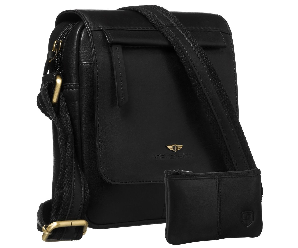 Czarna torebka męska skórzana PETERSON miejska listonoszka z klapką mała saszetka kieszonki na dokumenty telefon elegancka modna na co dzień + etui ..