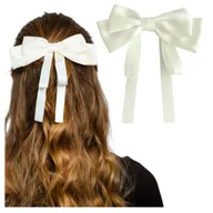 Ozdoby do włosów - Spinka do Włosów Biała Ecru Kokarda Duża Satynowa z Wstążkami z Połyskiem - miniaturka - grafika 1