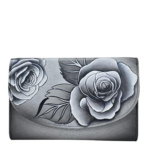 Anna by Anuschka Damska skóra Tri Geniune ręcznie malowana duża trzykrotna książeczka czekowa kopertówka portfel - romantyczny różowy czarny, jeden rozmiar, Romantic Rose Black, Rozmiar Uniwersalny