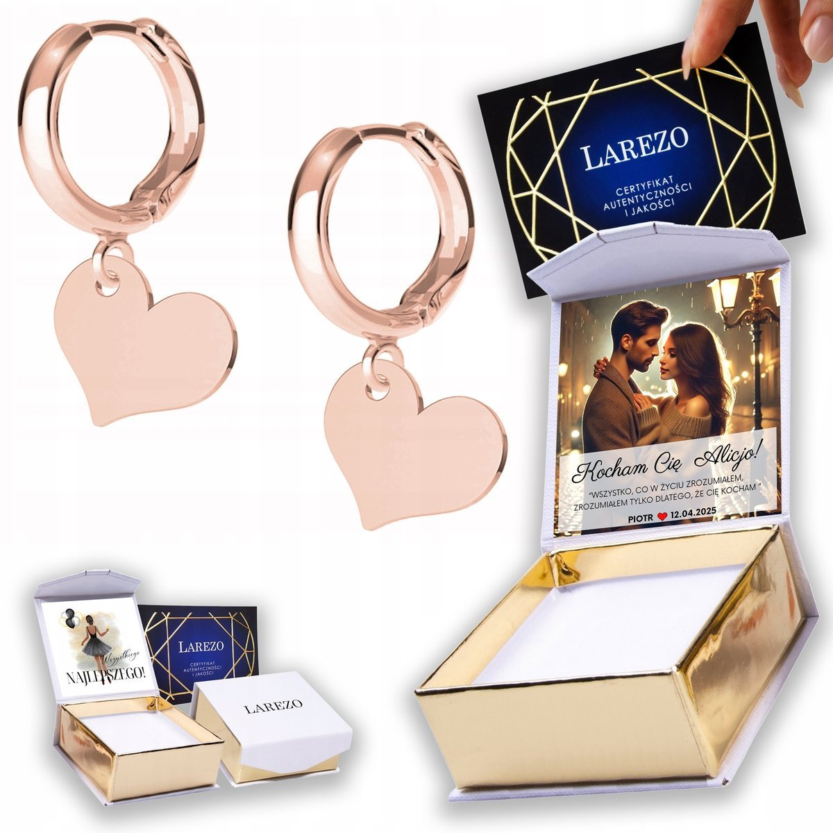 Kolczyki Pozłacane 925 Blaszki Serca Małe Serduszka Heart Miłość NADRUK