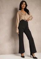 Kombinezony - Czarno-Beżowy Kopertowy Kombinezon z Elegancką Koszulową Górą i Szerokimi Nogawkami Vareti - miniaturka - grafika 1