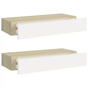 VidaXL Lumarko Półki ścienne z szufladą, 2 szt., dąb i biel, 60 x 23,5 x 10cm, MDF 330264 VidaXL - Półki do salonu - miniaturka - grafika 1