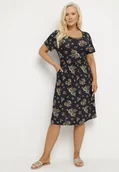 Sukienki - Granatowo-Beżowa Rozkloszowana Sukienka w Kwiatowy Wzór Lumilisse - miniaturka - grafika 1