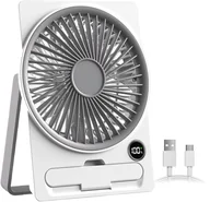 Wentylatory - Wentylator biurkowy z akumulatorem USB i wyświetlaczem LCD, ultracienka konstrukcja, idealny na kemping, w podróży i do użytku wewnątrz, biały - miniaturka - grafika 1