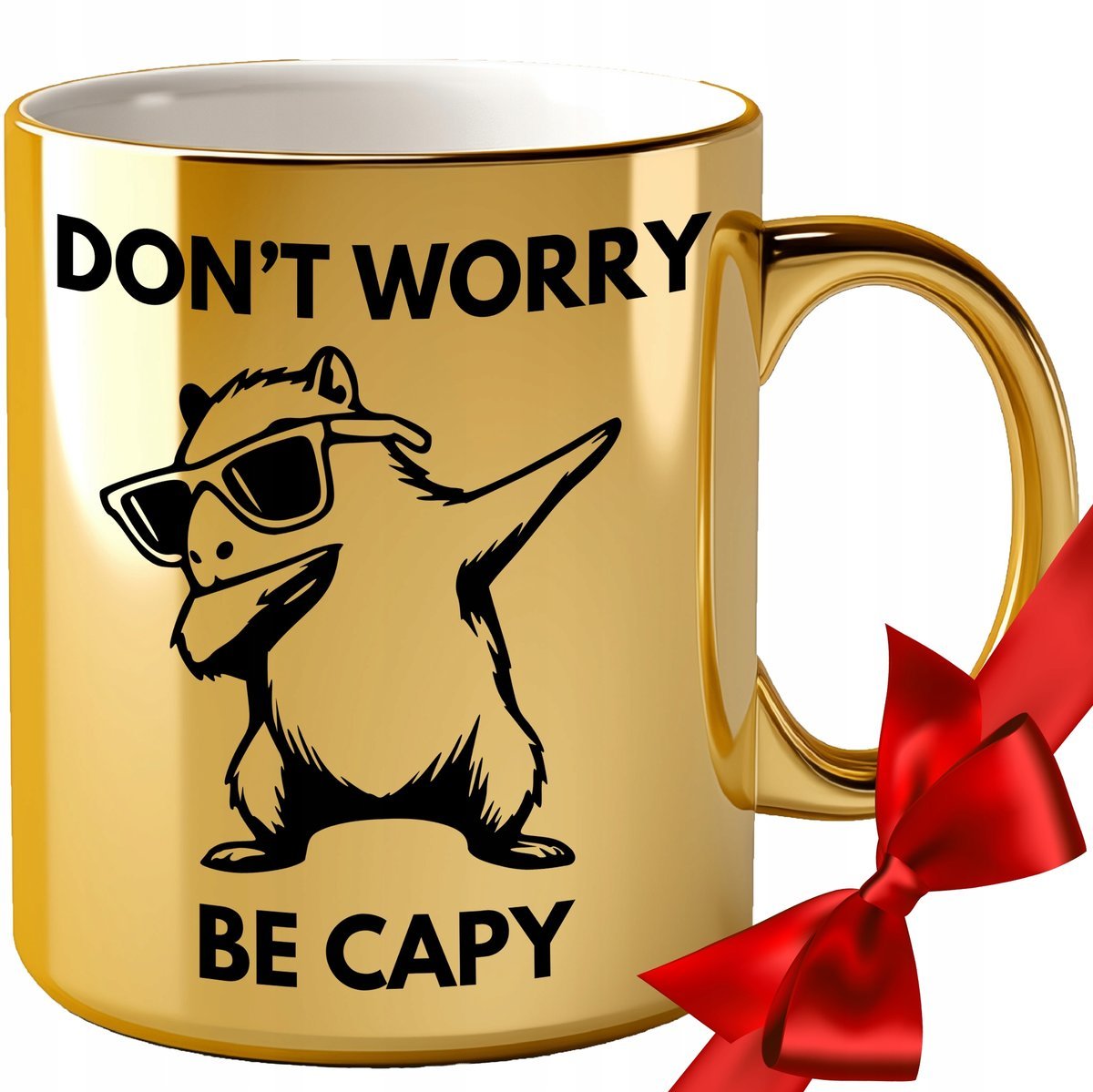 KUBEK Z KAPIBARĄ ZŁOTY KAPIBARA ŚMIESZNY NADRUK DONT WORRY BE CAPY PREZENT