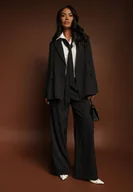 Spodnie damskie - Czarne Szerokie Spodnie Garniturowe z Wiskozą Ozdobione Paskiem Ellilara - miniaturka - grafika 1