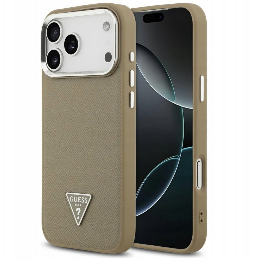 Etui Guess Grained Triangle Logo MagSafe do iPhone 17 Pro Max brązowy