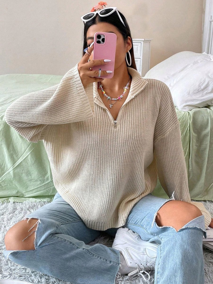 B1A1* PLUS SIZE SWETER BEŻOWY Z DŁUGIM RĘKAWEM PROSTY DAMSKI SHEIN 48
