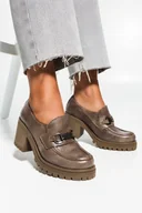 Mokasyny damskie - Beżowe mokasyny skórzane damskie ze srebrną ozdobą na szerokim klocku PRODUKT POLSKI Casu 20175 - miniaturka - grafika 1