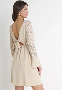 Beżowa Sukienka z Koronkowymi Rękawami i Gumką z Wiązaniem w Talii Vubatia - Sukienki - miniaturka - grafika 1