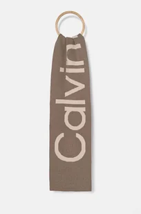 Calvin Klein szalik wełniany kolor beżowy wzorzysty K60K612605 - Apaszki i szaliki damskie - miniaturka - grafika 1