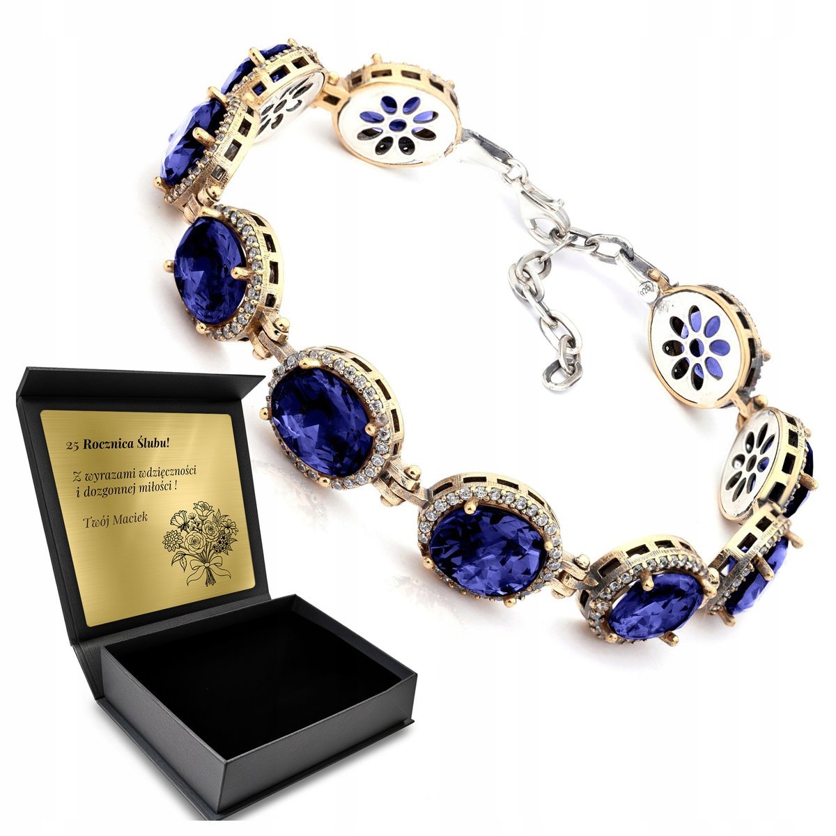 Bransoletka Srebrna Z Cyrkoniami Szafirem Biżuteria Dla Kobiety + Grawer