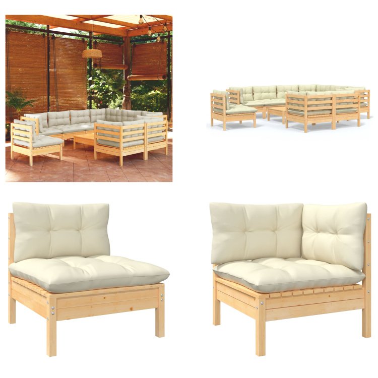 vidaXL 10-częściowy zestaw wypoczynkowy do ogrodu z kremowymi poduszkami z litego drewna sosnowego - Zestaw wypoczynkowy do ogrodu - Zestawy wypoczynkowe do ogrodu - Zestawy mebli ogrodowych - Zestawy mebli ogrodowych