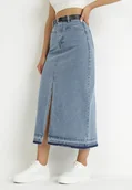 Spódnice - Niebieska Spódnica Jeansowa Midi z Paskiem z Imitacji Skóry Kiarmi - miniaturka - grafika 1