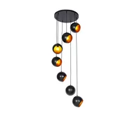 Lampy sufitowe - QAZQA Lampa wisząca czarna ze złotym wnętrzem 7-punktowa - Crooked Cluster - miniaturka - grafika 1
