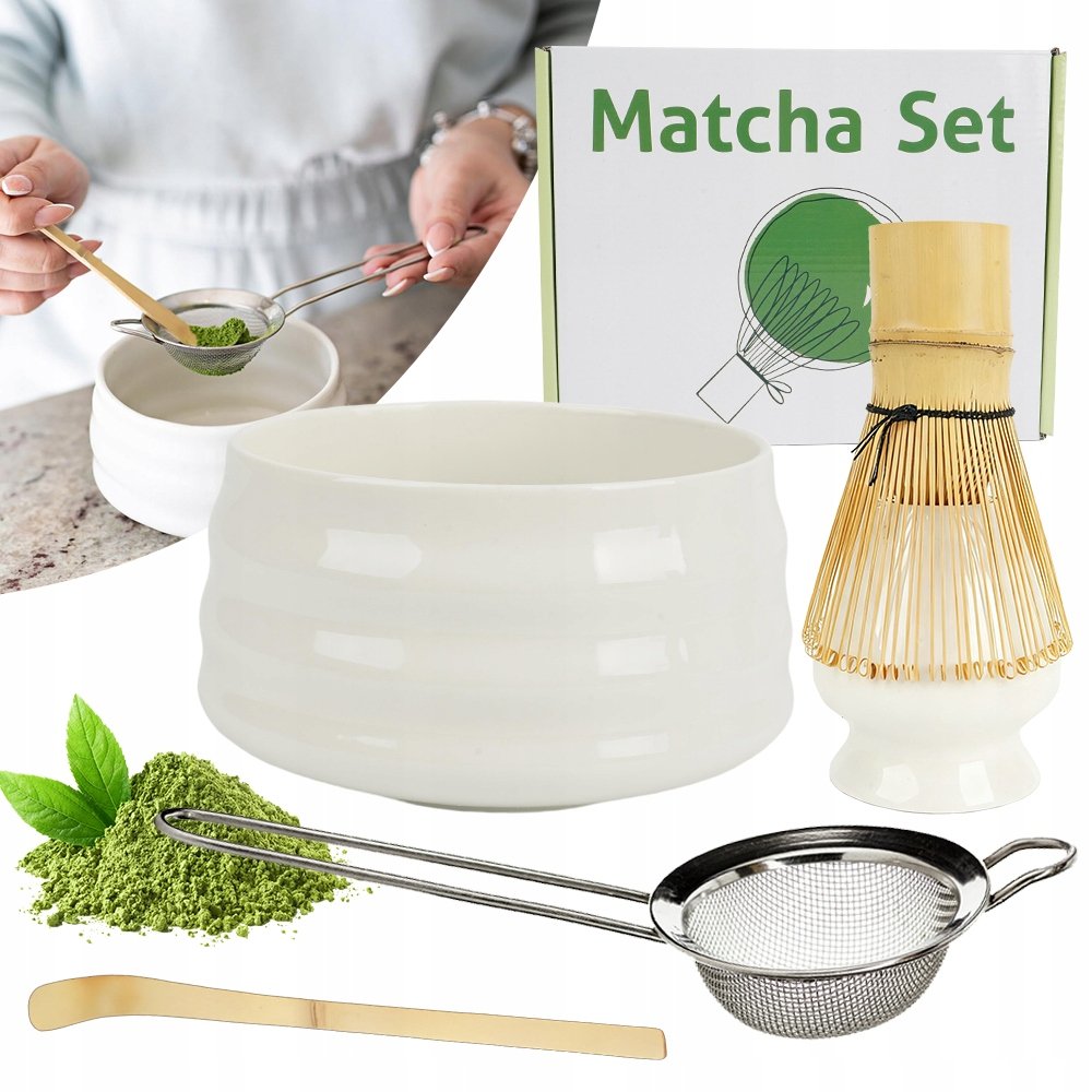 Zestaw prezentowy do herbaty matcha czarka miotełka podstawka łyżeczka sito