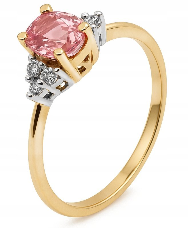 WYJĄTKOWY ZŁOTY PIERŚCIONEK Z SZAFIREM I MOISSANITAMI SUNRISE PINK 14KT 585