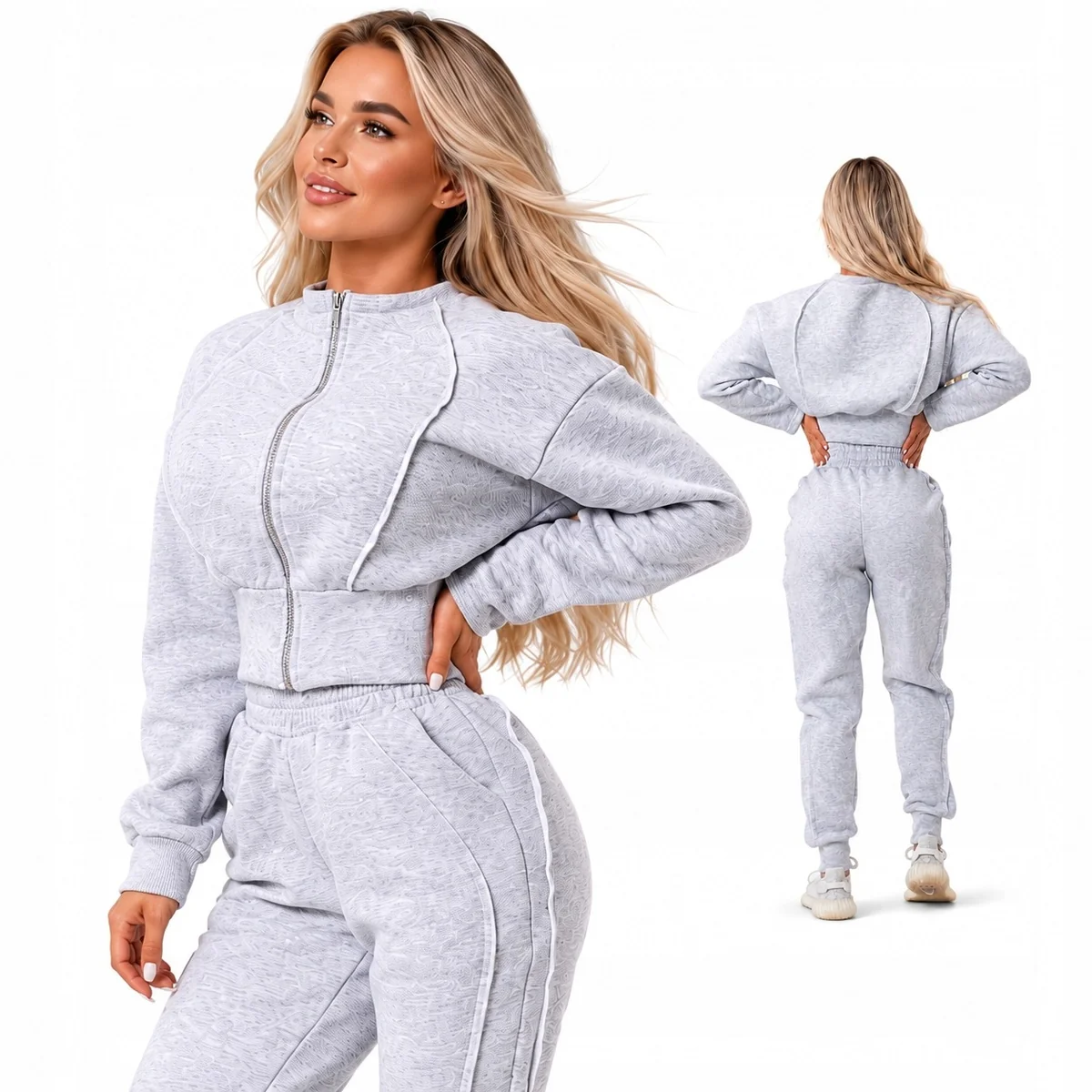 MODNY DRES DAMSKI SZARY KOMPLET BLUZA SPODENI DRESOWE WYSOKA TALIA roz M