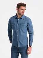 Koszule męskie - Koszula męska jeansowa na zatrzaski z kieszonkami - niebieska V2 OM-SHDS-0115 - Ombre Clothing - miniaturka - grafika 1
