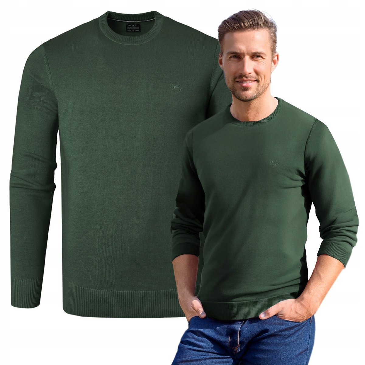 SWETER Męski Klasyczny Jednokolorowy Gładki Basic ZIELONY 2XL Pako Jeans