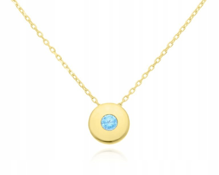 Złoty Naszyjnik Damski 585 Błękitna Cyrkonia Okrągła Zawieszka