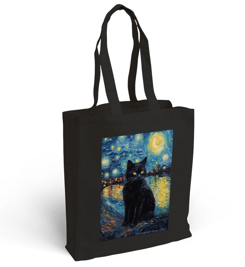 Torba bawełniana z nadrukiem czarny kot w gwieździstą noc Vincent van Cat