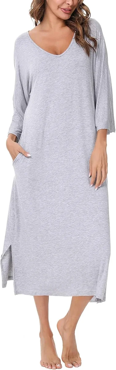 RĘKAW KOSZULA NOCNA BAWEŁNA 3/4 DEKOLT V-NECK LUŹNA WYGODNA