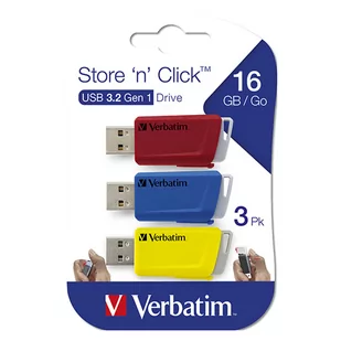Verbatim USB flash disk, USB 3.0, 16GB, Store N Click, mix kolorów, 49306, USB A, z wysuwanym złączem. 3 szt - Pendrive - miniaturka - grafika 1