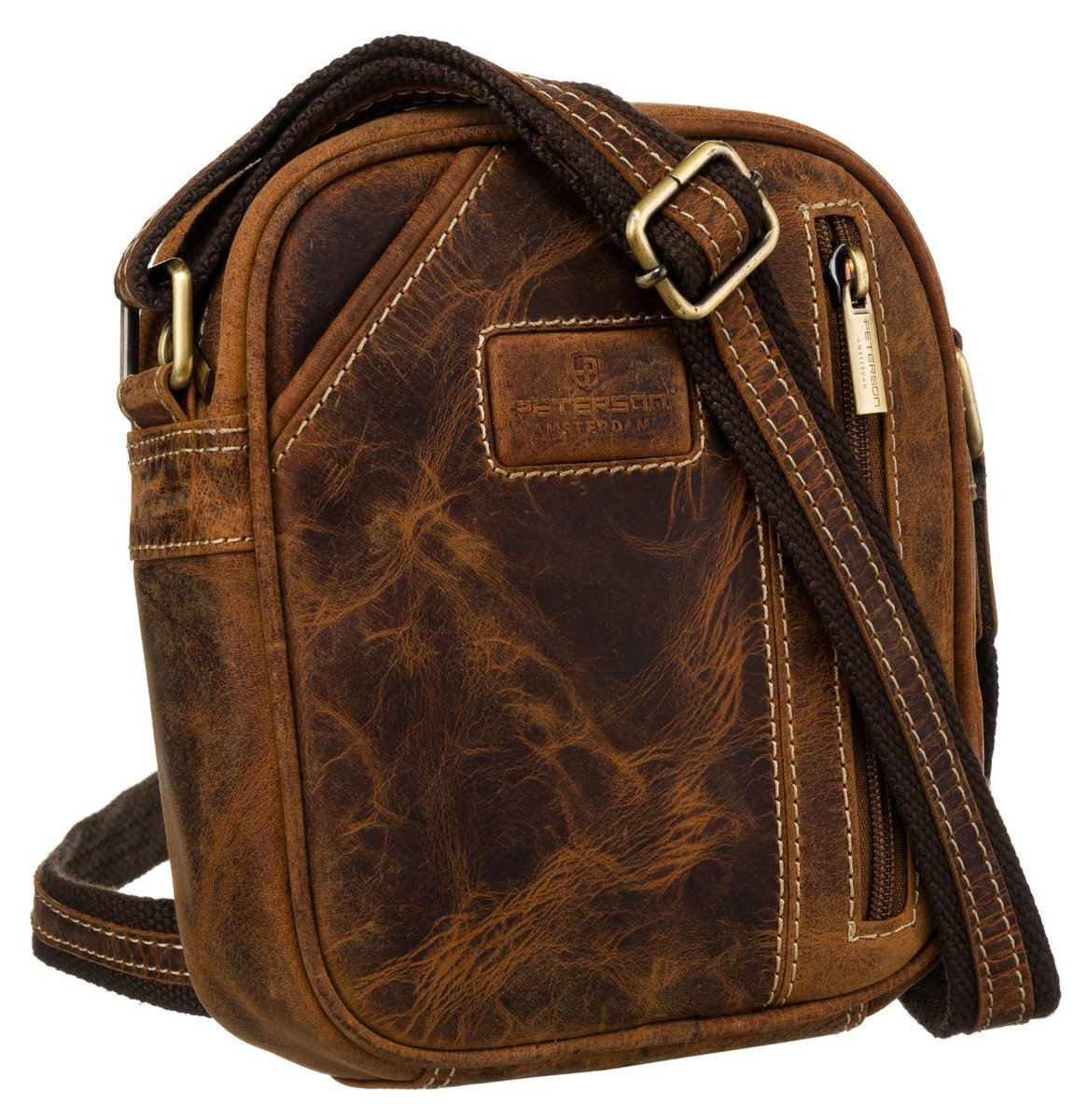 Mała torebka męska PETERSON skóra naturalna nubuk elegancka złote okucia minimalistyczna vintage listonoszka na ramię saszetka miejska kieszonki brą..