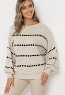 Swetry damskie - Jasnobeżowy Sweter z Bufiastymi Rękawami Ozdobiony Cienkimi Paskami Bilentia - miniaturka - grafika 1