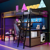 Łóżka dla dzieci i młodzieży - Metalowe łóżko piętrowe 140x200 cm - z oświetleniem LED - z biurkiem i Półka - z portem USB - czarna (materac nie jest wliczony w cenę) - miniaturka - grafika 1