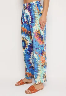 Niebieskie Szerokie Spodnie z Wiskozą i Wysokim Stanem ze Wzorem Tie-Dye i Gumką w Pasie Halflea - Spodnie damskie - miniaturka - grafika 1