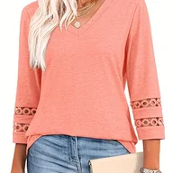 Bluzki damskie - TEMU Koszulka Damska Casual z Dekoltem w Serek, 3/4 Rękawy - Czarny Jednokolorowy, Luźny Fason, Pranie Maszynowe, Uniwersalna Bluzka na Każdą Porę - miniaturka - grafika 1