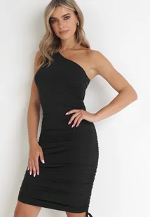 Czarna Sukienka Asymetryczna z Marszczeniem na Jedno Ramię Mianie - Sukienki - miniaturka - grafika 1