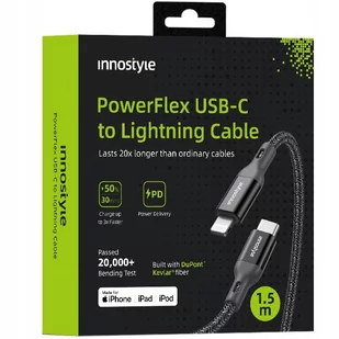 INNOSTYLE POWERFLEX KABEL USB-C LIGHTNING MFI SZYBKIEGO ŁADOWANIA DO IPHONE KEVLAR 2M CZARNY - Kable USB - miniaturka - grafika 1