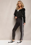 Dresy damskie - Czarny 2-Częściowy Komplet Dresowy z Weluru z Ozdobnymi Lampasami Bluza i Spodnie Anelpe - miniaturka - grafika 1